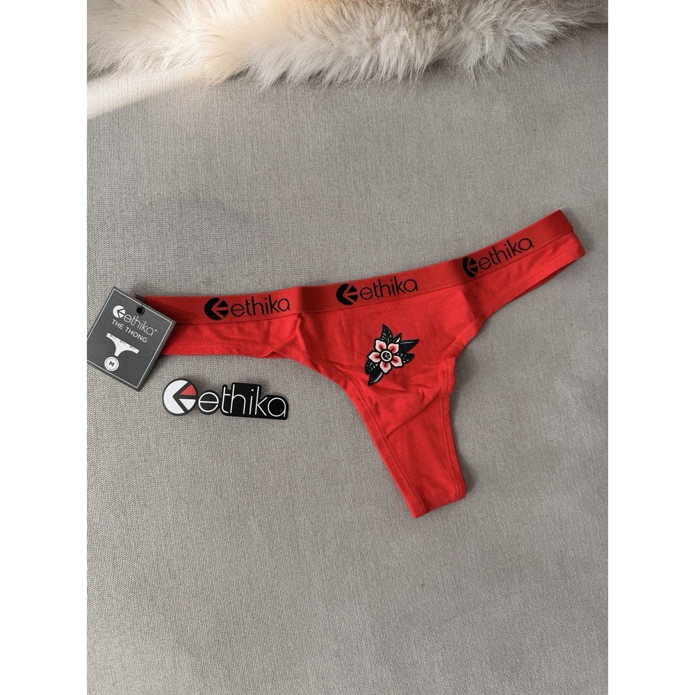 Ethika Women's Thong Bound By Love Red Underwear Flower Print Logo NWT Medium
